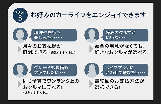 メリット3 お好みのカーライフをエンジョイできます！