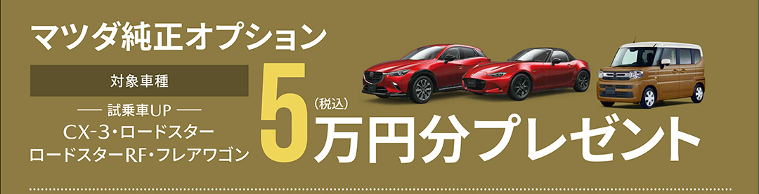 マツダ純正オプション 対象車種：CX-3・ロードスター・ロードスターRF・フレアワゴン 5万円（税込）分プレゼント