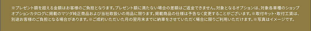 ※プレゼント額を超える金額はお客様のご負担となります。プレゼント額に満たない場合の差額はご返金できません。対象となるオプションは、対象各車種のショップオプションカタログに掲載のマツダ純正商品および当社取扱いの用品に限ります。掲載商品の仕様は予告なく変更することがございます。※取付キット・取付工賃は、別途お客様のご負担となる場合があります。※ご成約いただいた月の翌月末までに納車をさせていただく場合に限りご利用いただけます。※写真はイメージです。