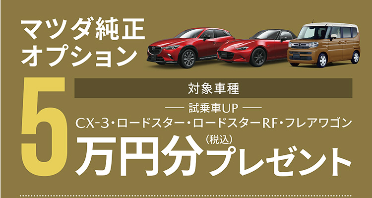 マツダ純正オプション 対象車種：CX-3・ロードスター・ロードスターRF・フレアワゴン 5万円（税込）分プレゼント