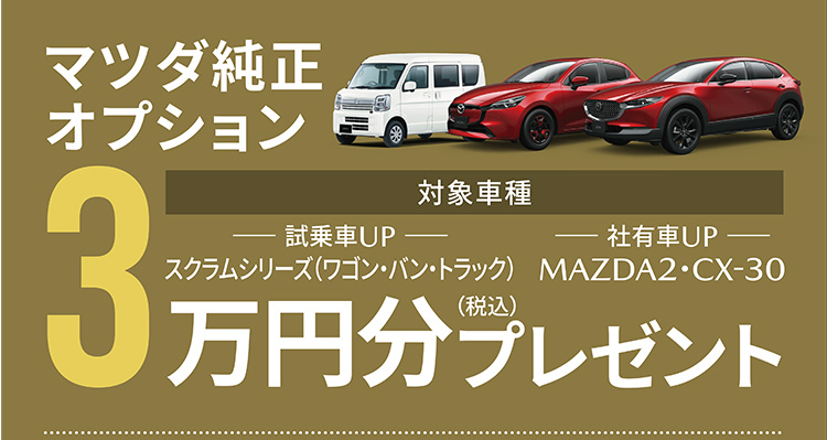 マツダ純正オプション 対象車種：スクラムシリーズ・MAZDA2・CX-30 3万円（税込）分プレゼント