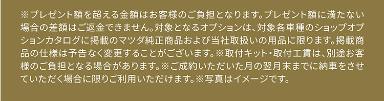 ※プレゼント額を超える金額はお客様のご負担となります。プレゼント額に満たない場合の差額はご返金できません。対象となるオプションは、対象各車種のショップオプションカタログに掲載のマツダ純正商品および当社取扱いの用品に限ります。掲載商品の仕様は予告なく変更することがございます。※取付キット・取付工賃は、別途お客様のご負担となる場合があります。※ご成約いただいた月の翌月末までに納車をさせていただく場合に限りご利用いただけます。※写真はイメージです。