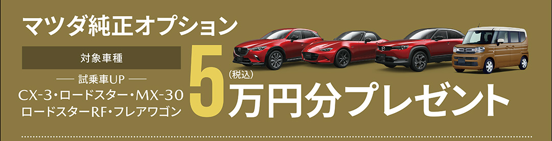マツダ純正オプション 対象車種：CX-3・ロードスター・ロードスターRF・フレアワゴン 5万円（税込）分プレゼント