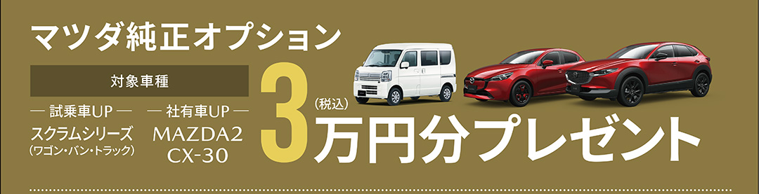 マツダ純正オプション 対象車種：スクラムシリーズ・MAZDA2・CX-30 3万円（税込）分プレゼント