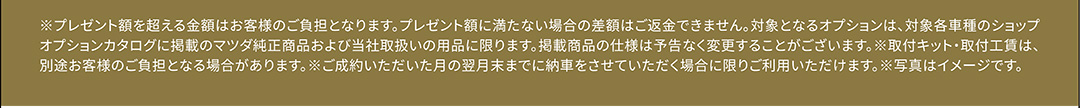 ※プレゼント額を超える金額はお客様のご負担となります。プレゼント額に満たない場合の差額はご返金できません。対象となるオプションは、対象各車種のショップオプションカタログに掲載のマツダ純正商品および当社取扱いの用品に限ります。掲載商品の仕様は予告なく変更することがございます。※取付キット・取付工賃は、別途お客様のご負担となる場合があります。※ご成約いただいた月の翌月末までに納車をさせていただく場合に限りご利用いただけます。※写真はイメージです。