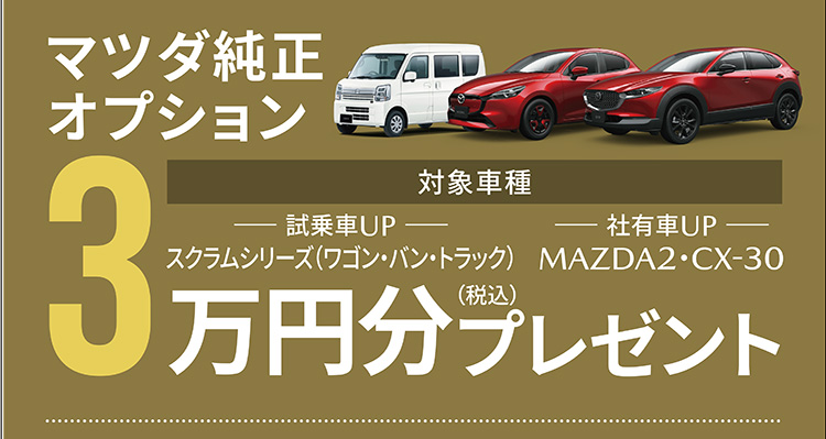 マツダ純正オプション 対象車種：スクラムシリーズ・MAZDA2・CX-30 3万円（税込）分プレゼント